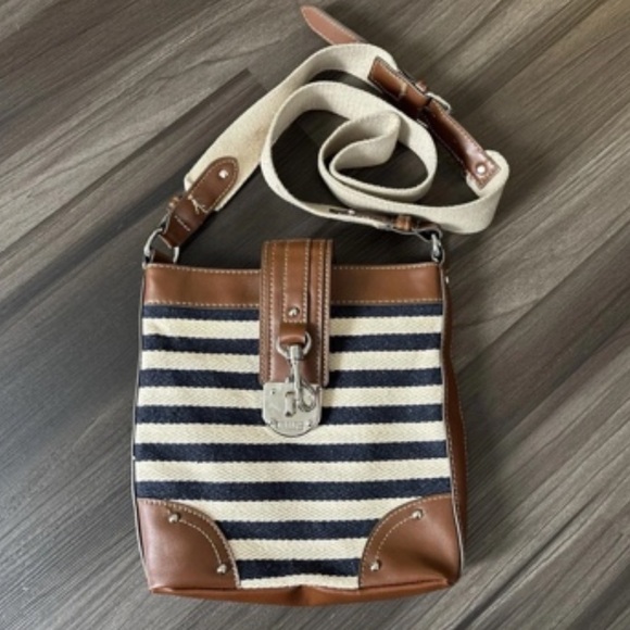 Handbags - Striped Canvas and Brown Leather Crossbody Bag